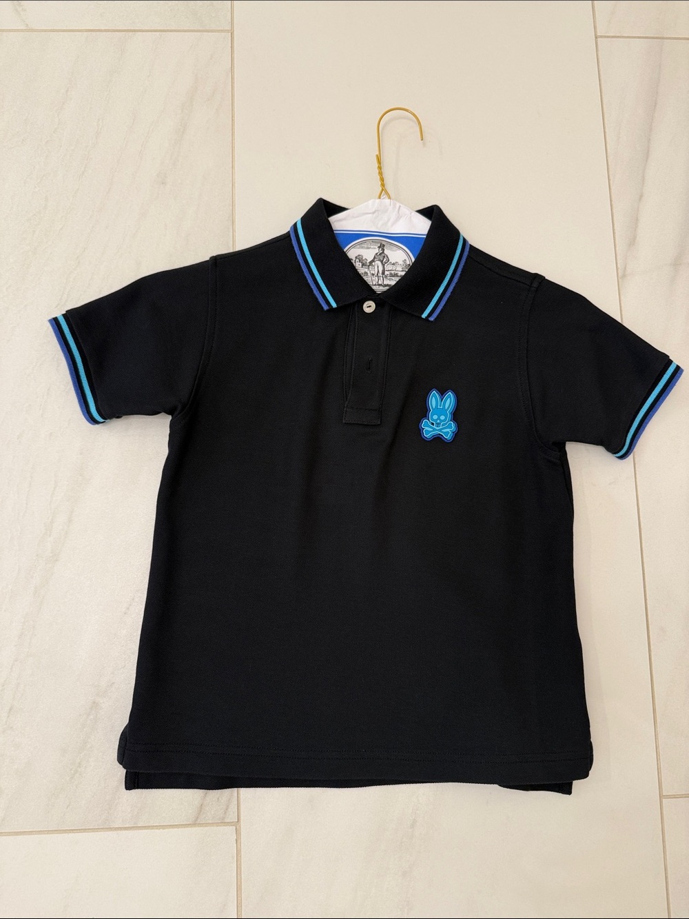 Psycho Bunny Kids Black Polo with Blue Trim and Logo